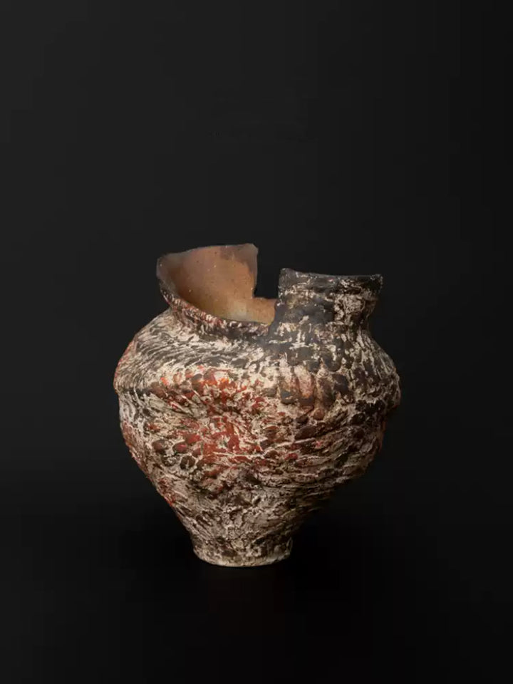 Antique Moroccan Handmade Brown Rustic Ceramic Vase with Rock Texture and Sand Conch Style Decorative Pottery Piece