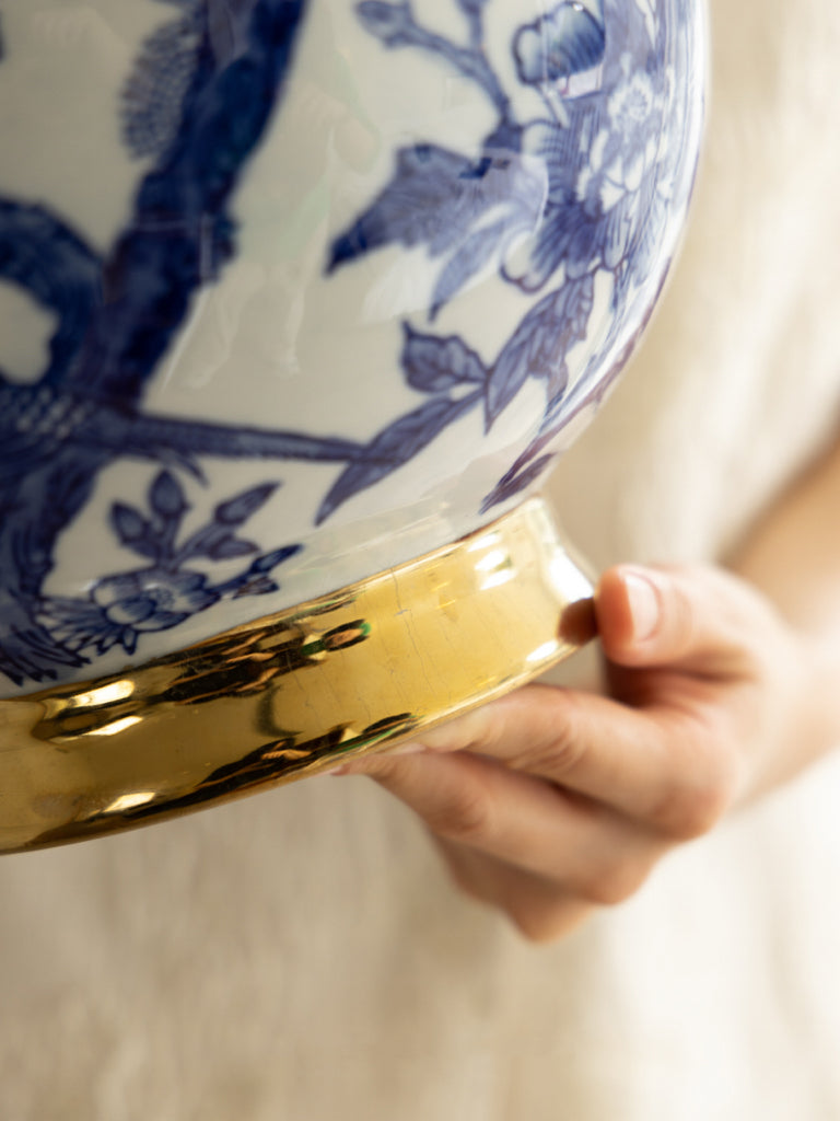 Oriental Handcrafted French Import Blue and White Porcelain Vase with Gilded Accents Wide-Mouth Belly Shape