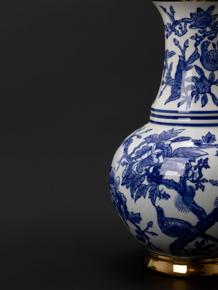 Oriental Handcrafted French Import Blue and White Porcelain Vase with Gilded Accents Wide-Mouth Belly Shape