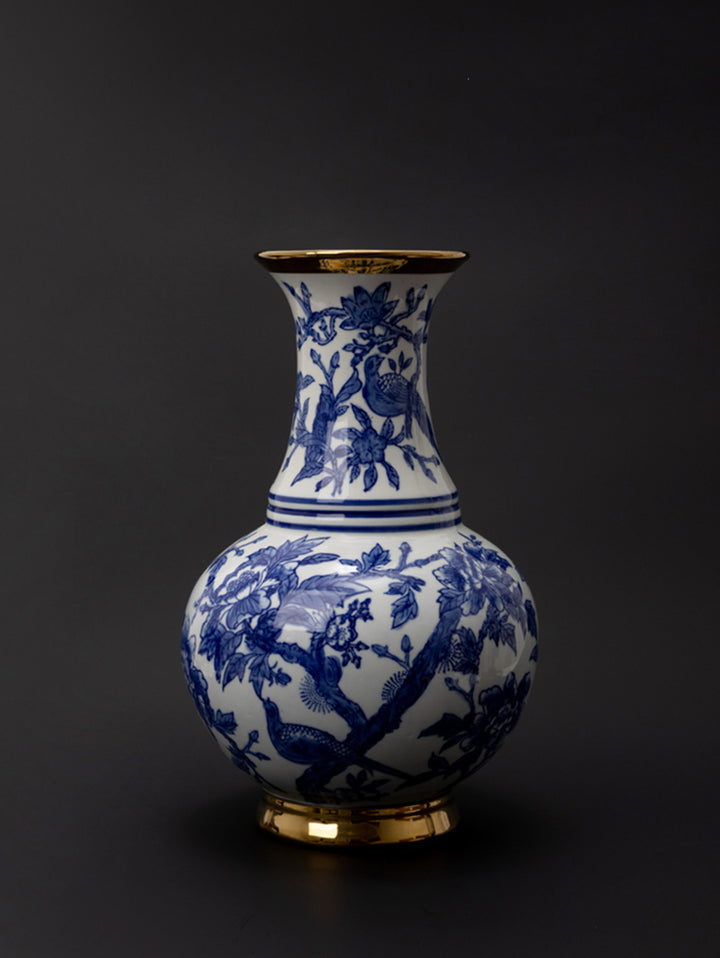 Oriental Handcrafted French Import Blue and White Porcelain Vase with Gilded Accents Wide-Mouth Belly Shape