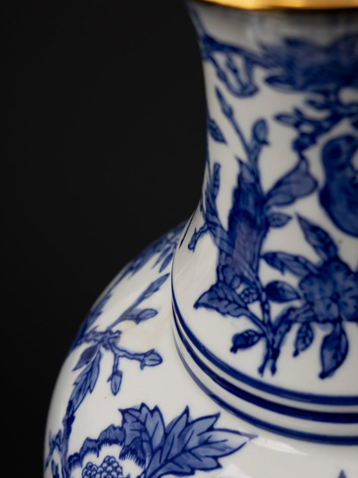 Oriental Handcrafted French Import Blue and White Porcelain Vase with Gilded Accents Wide-Mouth Belly Shape
