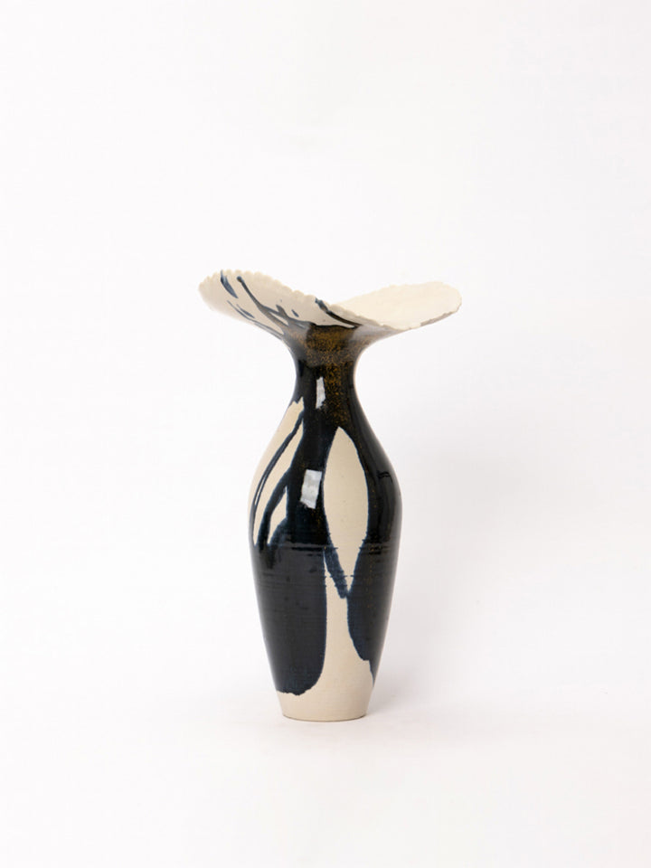 Artistic LA Imported Handcrafted Black and Gold Ceramic Vase with Flowing Glaze Design