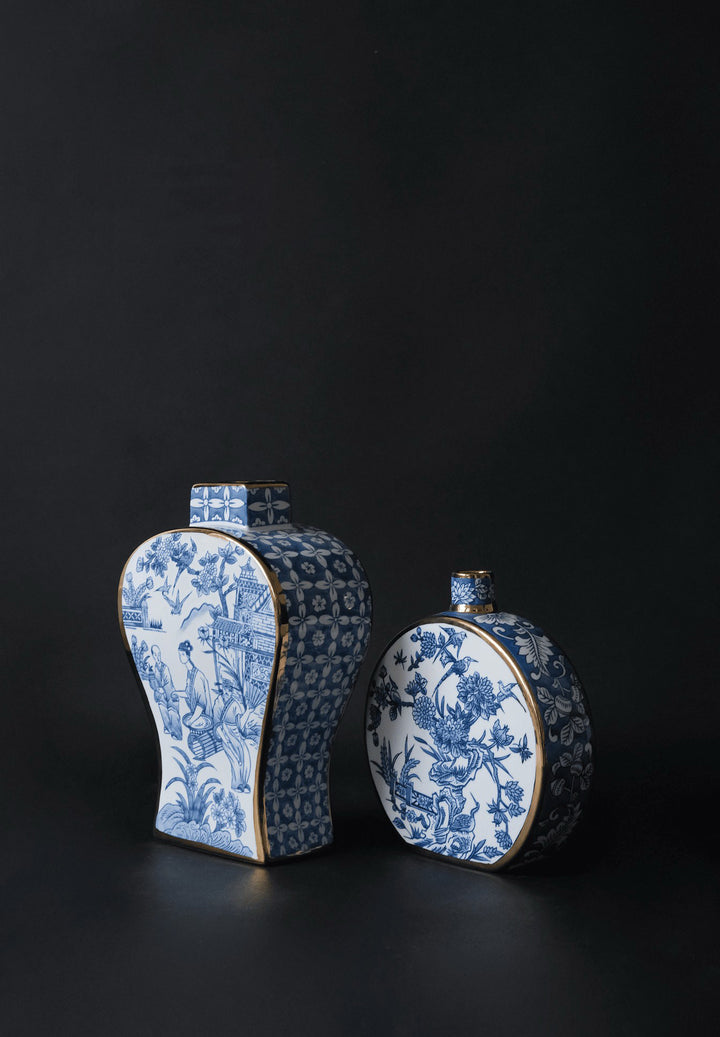French Imported Oriental Hand-Painted Blue and White Porcelain Vases with Gilded Accents