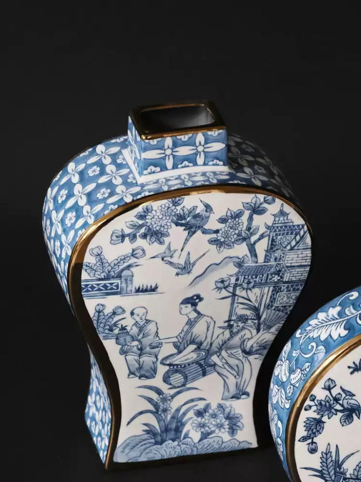 French Imported Oriental Hand-Painted Blue and White Porcelain Vases with Gilded Accents
