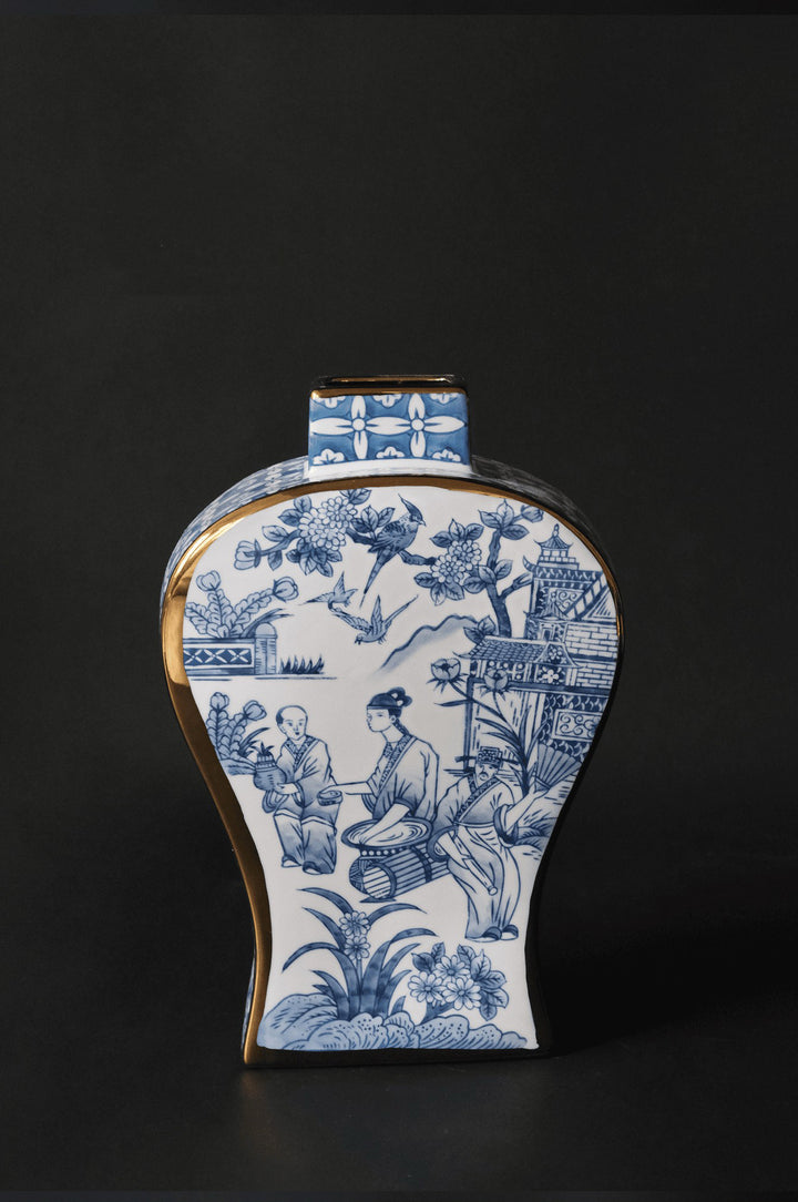French Imported Oriental Hand-Painted Blue and White Porcelain Vases with Gilded Accents