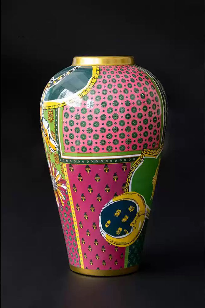 Baroque Inspired Italy Hand-Painted Porcelain Vase in Vibrant Colors with Gilded Accents Featuring Tiger Artwork