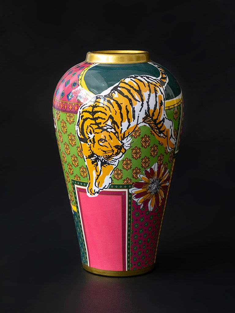 Baroque Inspired Italy Hand-Painted Porcelain Vase in Vibrant Colors with Gilded Accents Featuring Tiger Artwork
