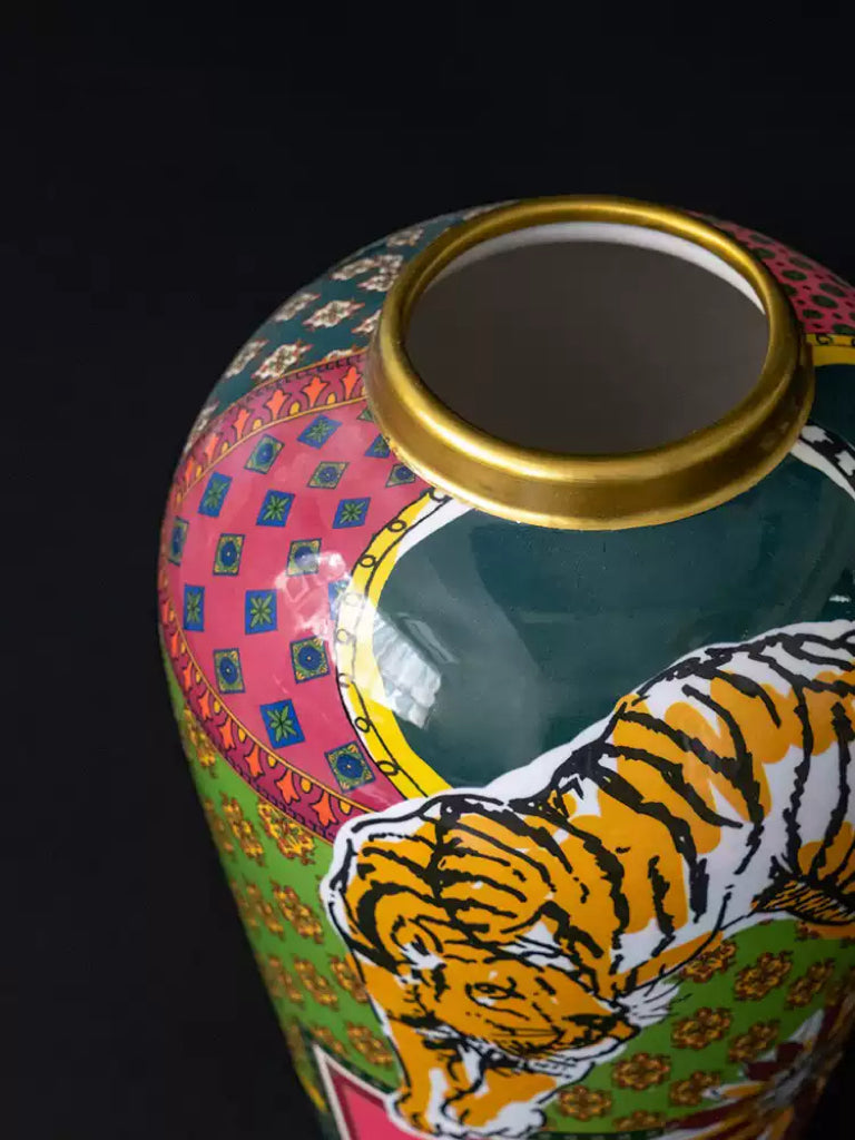 Baroque Inspired Italy Hand-Painted Porcelain Vase in Vibrant Colors with Gilded Accents Featuring Tiger Artwork