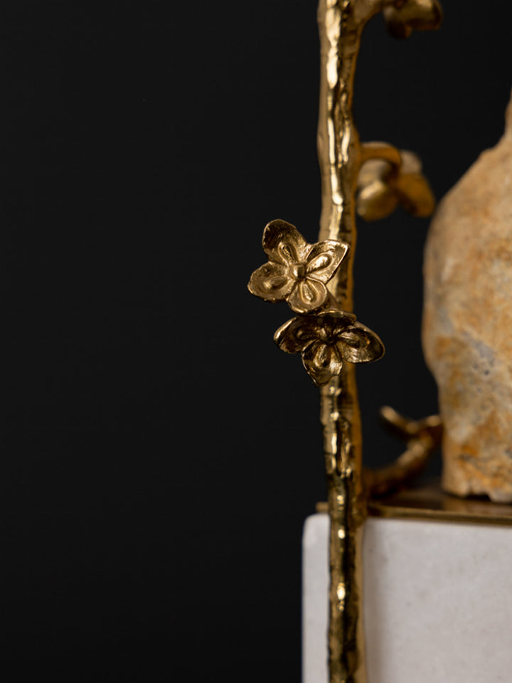 Oriental Handcrafted Golden Brass and Blue Crystal Bird Sculpture on Marble Base