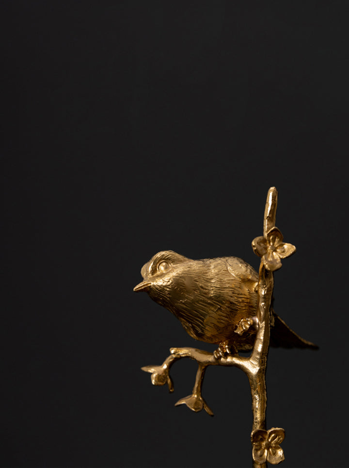 Oriental Handcrafted Golden Brass and Blue Crystal Bird Sculpture on Marble Base
