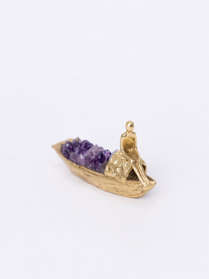 Antique Handmade Golden Brass Decor and Amethyst Decorative Stone