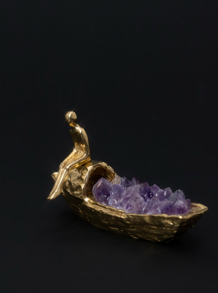 Antique Handmade Golden Brass Decor and Amethyst Decorative Stone