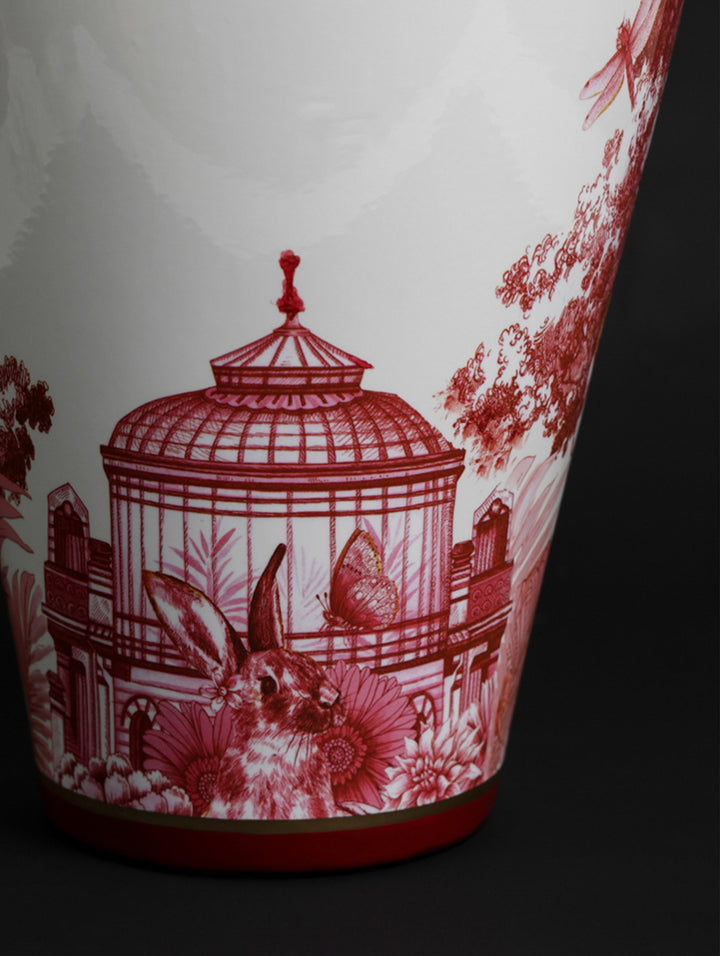 Vintage-Inspired Handmade Italian Red and White Porcelain Vase with Toile de Jouy Design