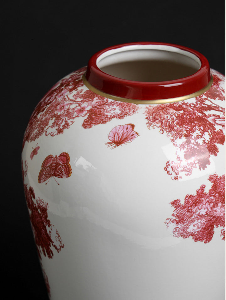 Vintage-Inspired Handmade Italian Red and White Porcelain Vase with Toile de Jouy Design