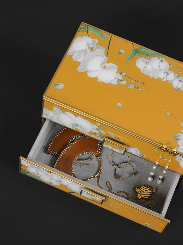 Vintage-Inspired Handmade French Yellow Orchid Painted Glass Jewelry Box