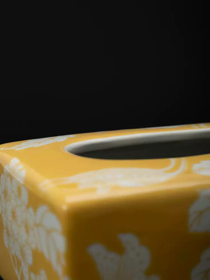 Oriental Handmade Yellow Porcelain Tissue Box with Hand-Painted Underglaze Motif