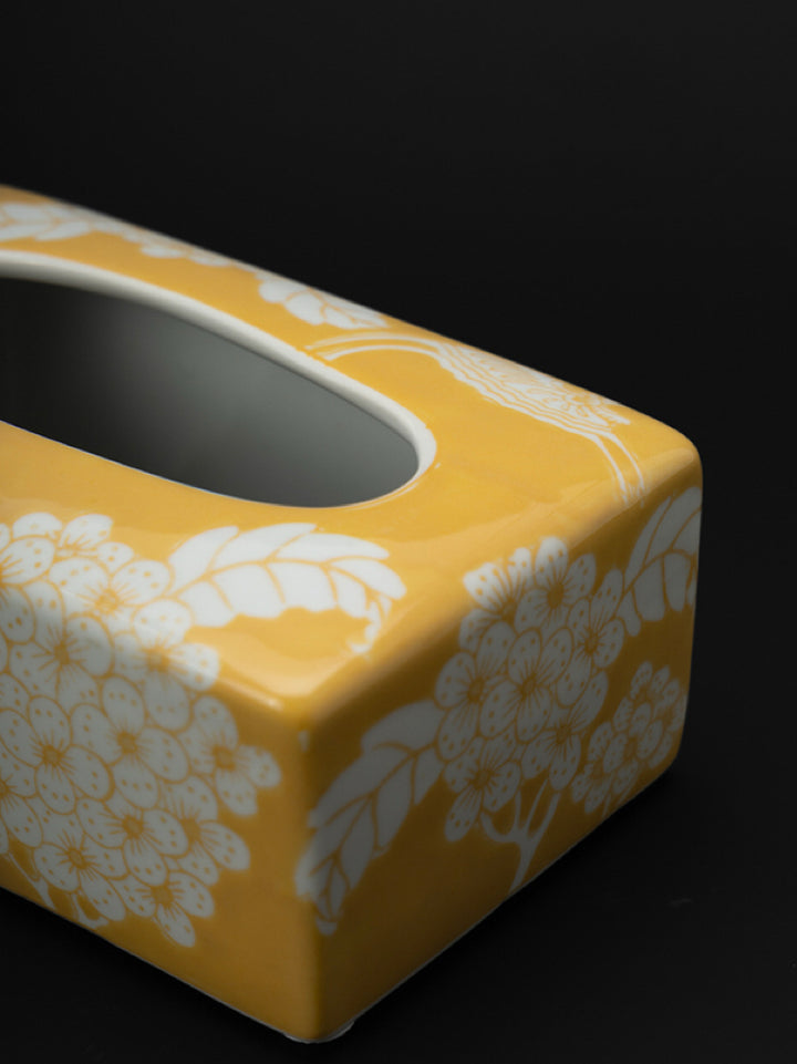 Oriental Handmade Yellow Porcelain Tissue Box with Hand-Painted Underglaze Motif