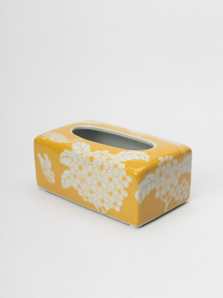 Oriental Handmade Yellow Porcelain Tissue Box with Hand-Painted Underglaze Motif