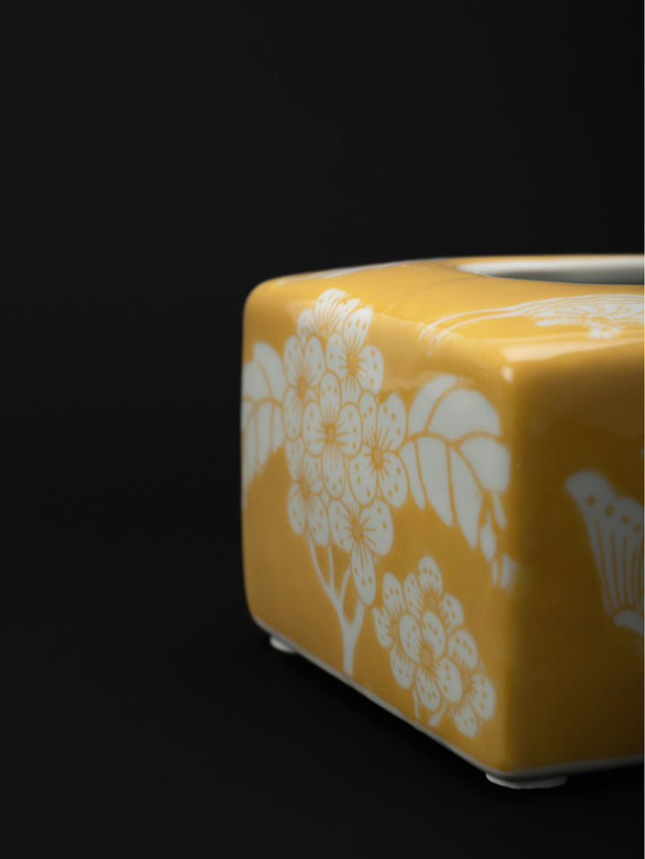 Oriental Handmade Yellow Porcelain Tissue Box with Hand-Painted Underglaze Motif