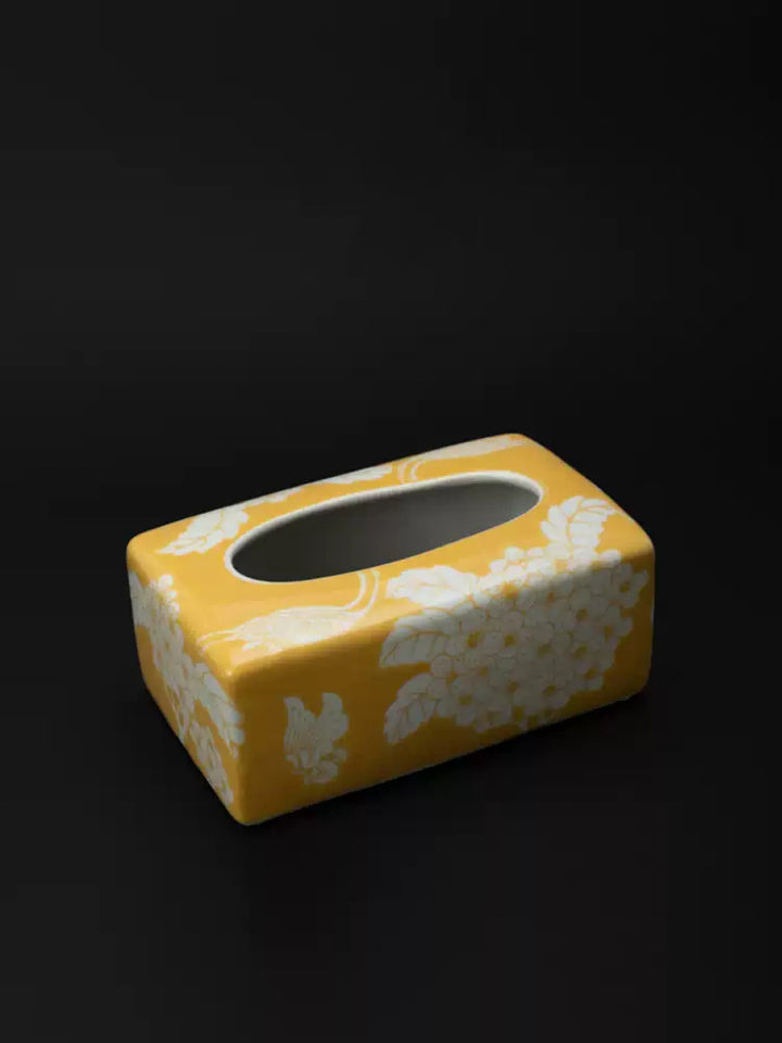 Oriental Handmade Yellow Porcelain Tissue Box with Hand-Painted Underglaze Motif