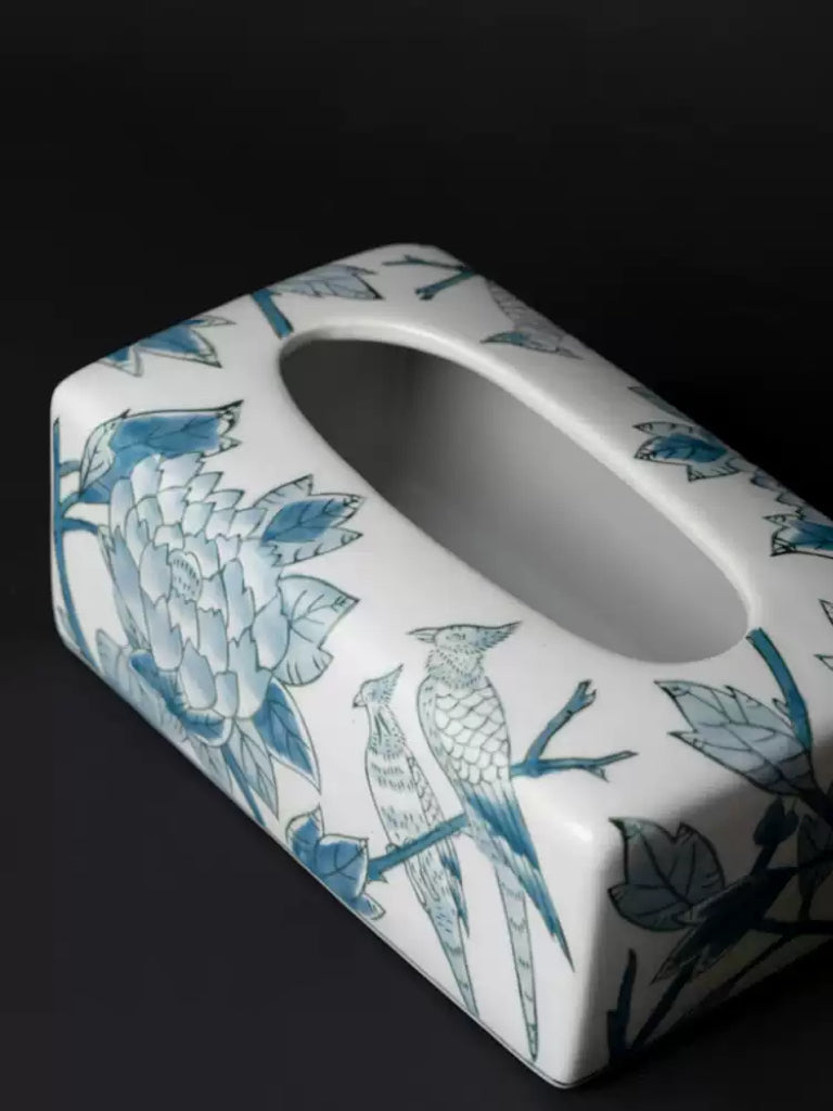 Oriental Handmade Blue and White Porcelain Tissue Box with Hand-Painted Underglaze Art