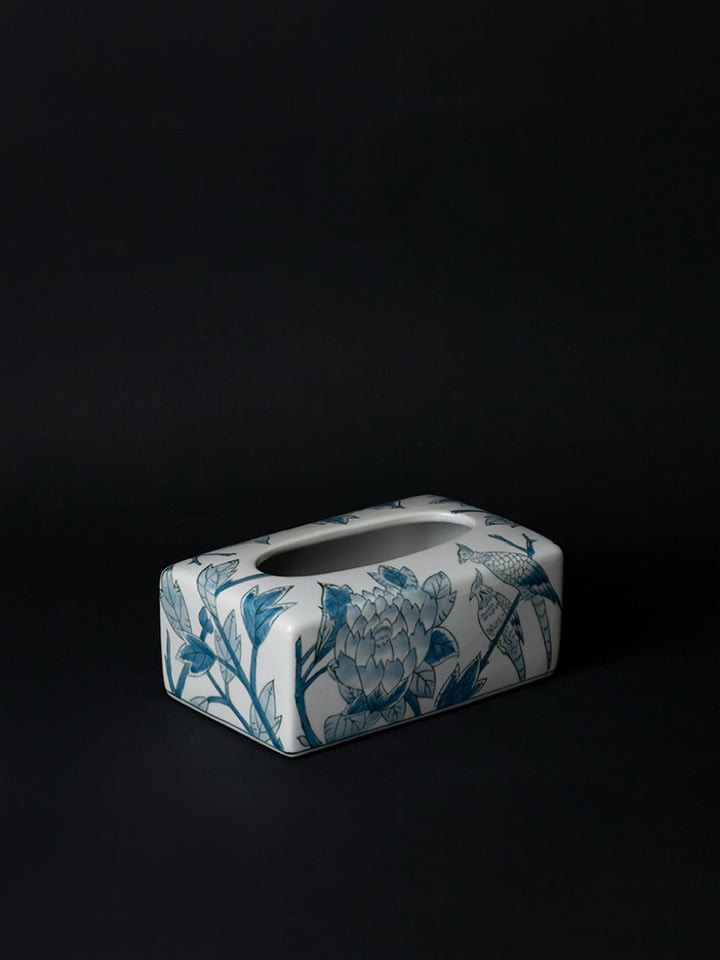 Oriental Handmade Blue and White Porcelain Tissue Box with Hand-Painted Underglaze Art