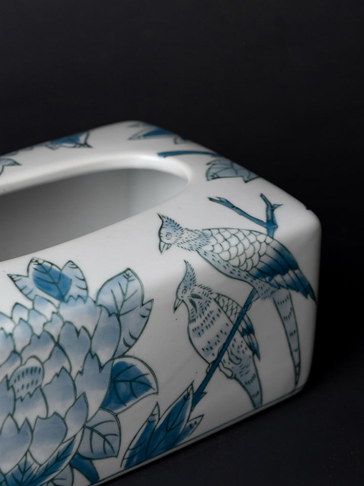 Oriental Handmade Blue and White Porcelain Tissue Box with Hand-Painted Underglaze Art