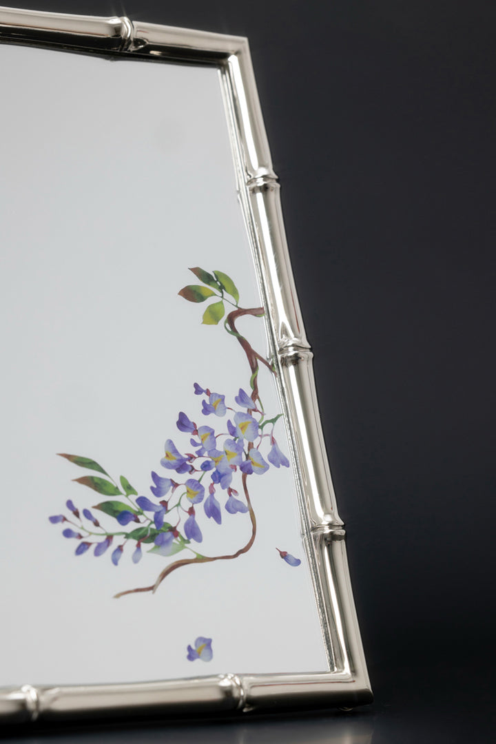 Art Deco Handmade Bamboo-Style Frame Mirror with Hand-Painted Wisteria