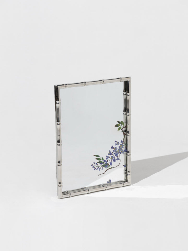 Art Deco Handmade Bamboo-Style Frame Mirror with Hand-Painted Wisteria