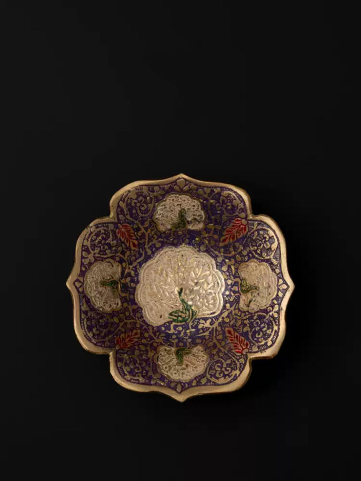 Luxury Handmade Indian Brass Decor and Jewelry Dish with Purple and Gold Mandala Motif