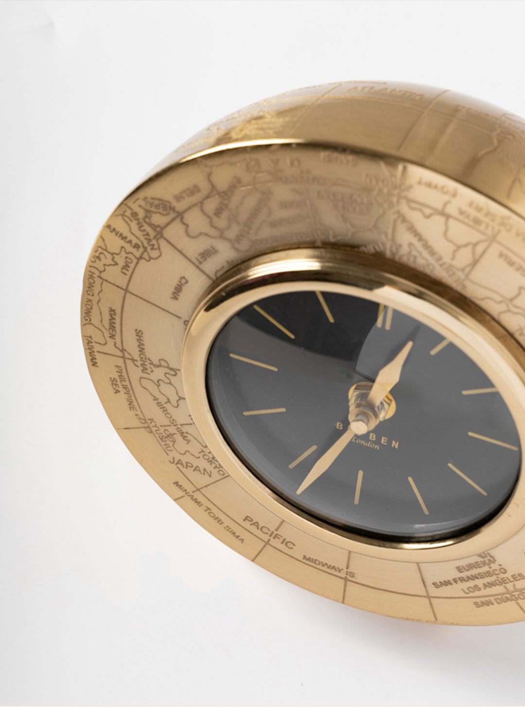 Vintage-Inspired Medieval India Handmade Brass Globe Mantel Clock with Engraved World Map Design