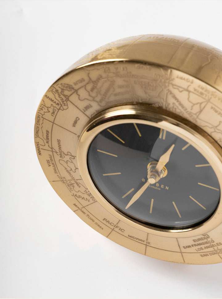 Vintage-Inspired Medieval India Handmade Brass Globe Mantel Clock with Engraved World Map Design