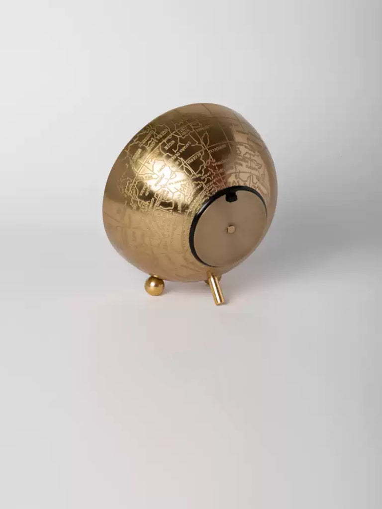 Vintage-Inspired Medieval India Handmade Brass Globe Mantel Clock with Engraved World Map Design