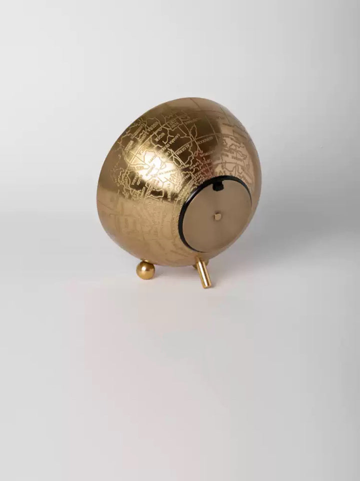 Vintage-Inspired Medieval India Handmade Brass Globe Mantel Clock with Engraved World Map Design