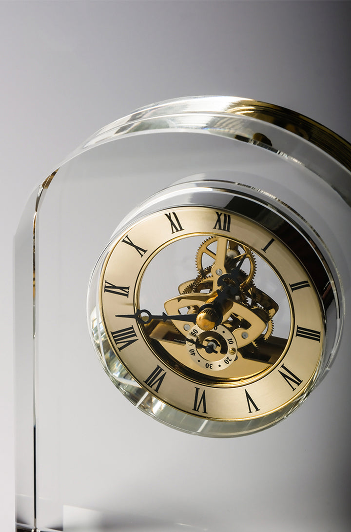Vintage-Inspired Luxury Handmade K9 Waterford Crystal Clock  with Brass Accents in Heavy Transparent