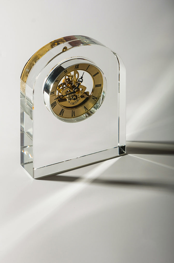 Vintage-Inspired Luxury Handmade K9 Waterford Crystal Clock  with Brass Accents in Heavy Transparent