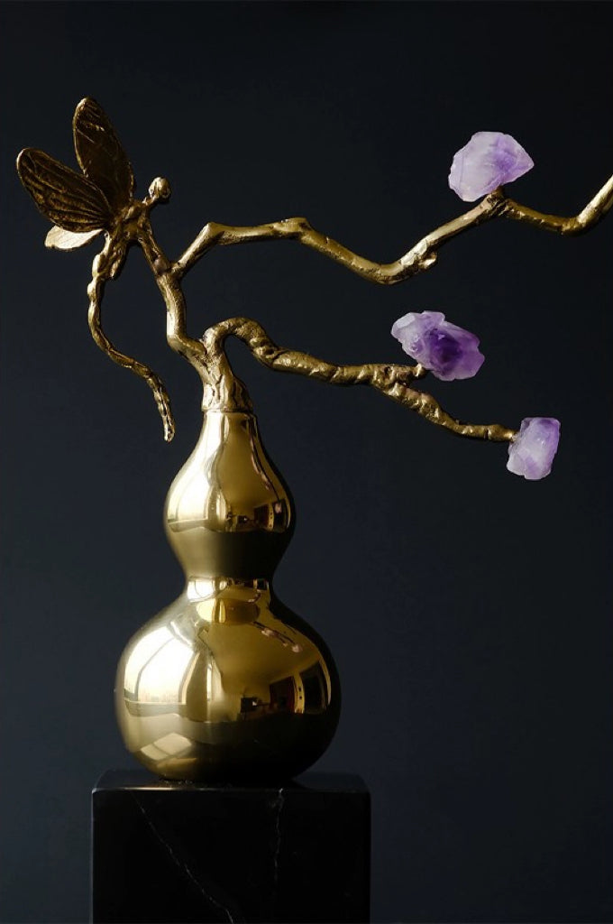 Oriental Handcrafted Golden Decorative Gourds with Amethyst Branch and Dragonfly Accent