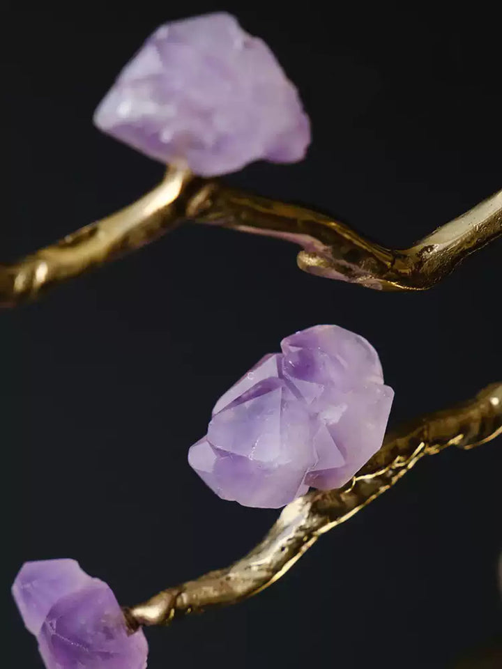 Oriental Handcrafted Golden Decorative Gourds with Amethyst Branch and Dragonfly Accent