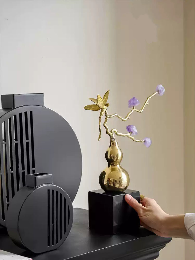 Oriental Handcrafted Golden Decorative Gourds with Amethyst Branch and Dragonfly Accent