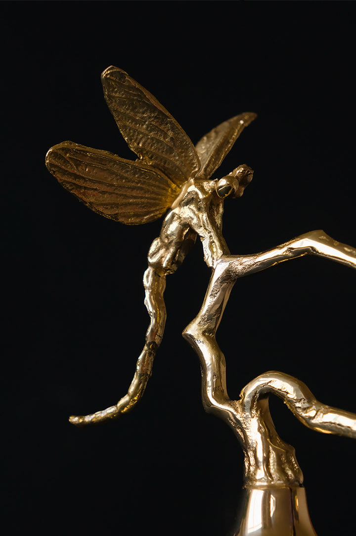 Oriental Handcrafted Golden Decorative Gourds with Amethyst Branch and Dragonfly Accent