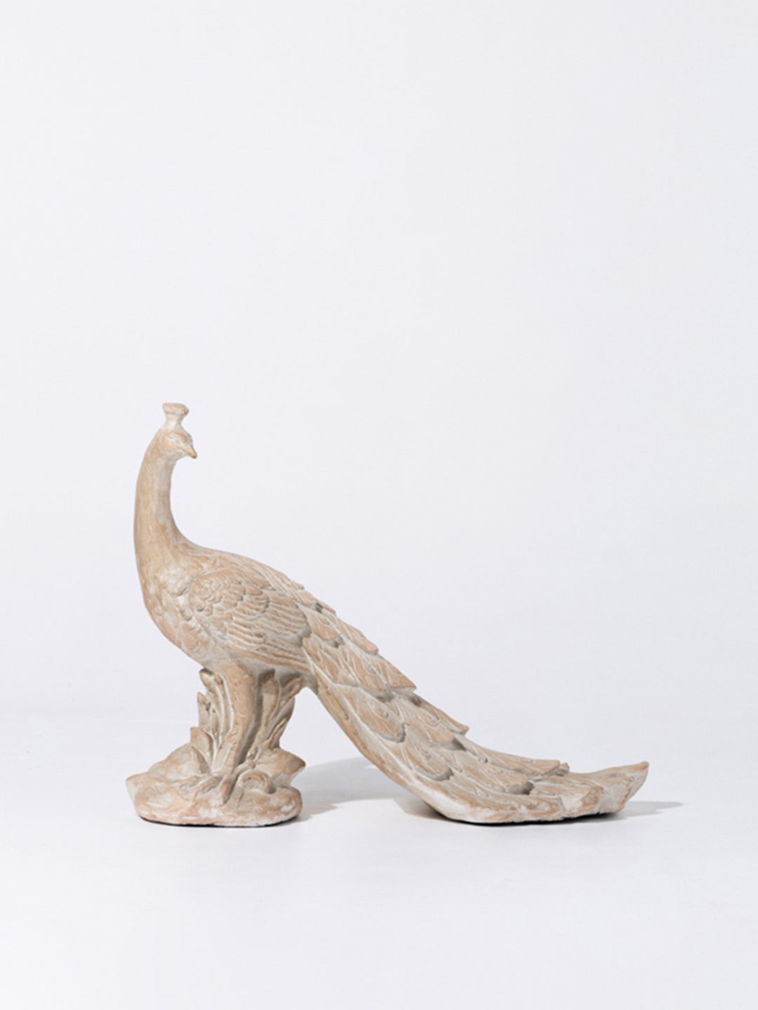 Medieval Handmade French White Peacock Sculpture and Decorative Figurine in Sun-Bleached Ivory Finish