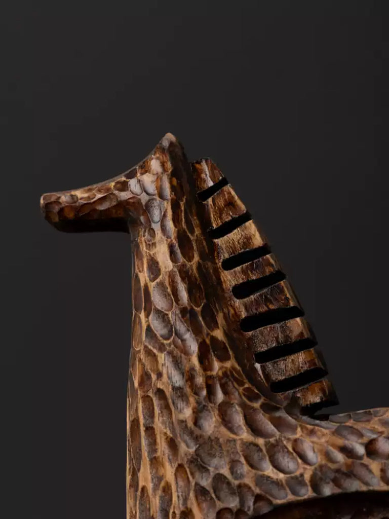 Medieval Handmade African Brown Wooden Horse Sculpture with Textured Carving France Import