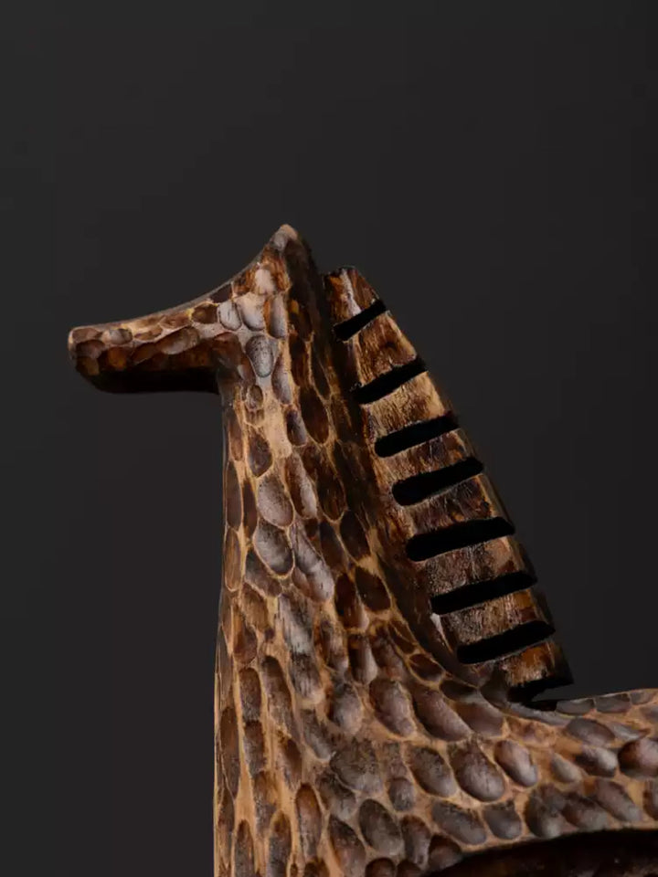 Medieval Handmade African Brown Wooden Horse Sculpture with Textured Carving France Import