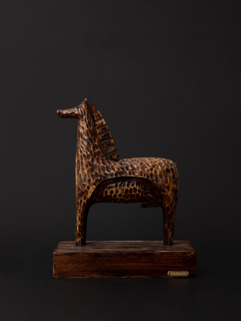Medieval Handmade African Brown Wooden Horse Sculpture with Textured Carving France Import