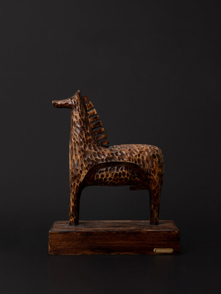 Medieval Handmade African Brown Wooden Horse Sculpture with Textured Carving France Import