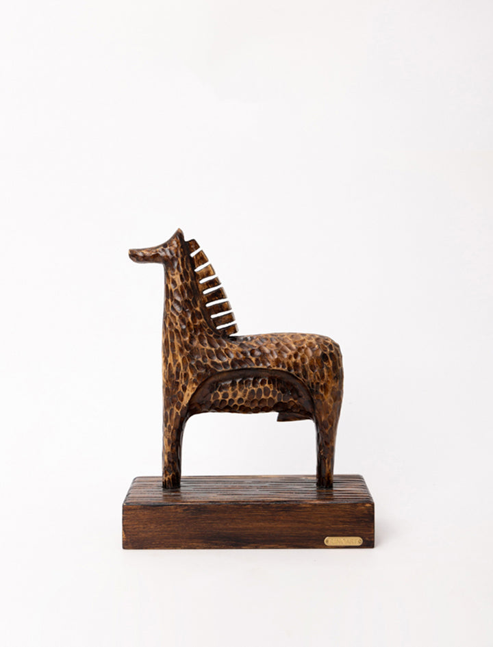 Medieval Handmade African Brown Wooden Horse Sculpture with Textured Carving France Import