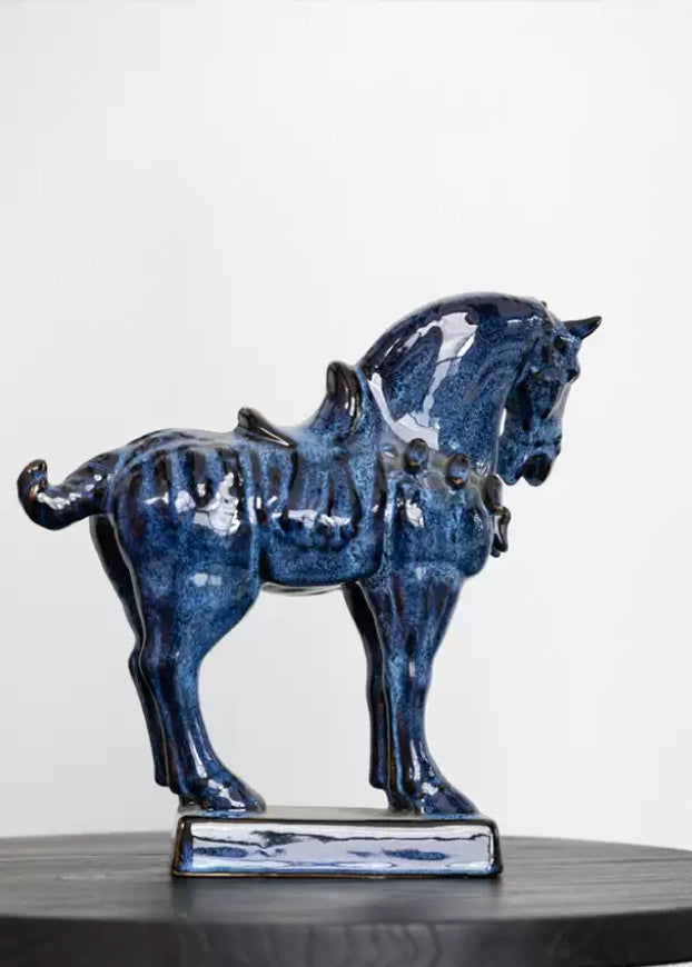 Vintage-Inspired Oriental Handmade Blue Horse Sculpture and Decorative Figurine