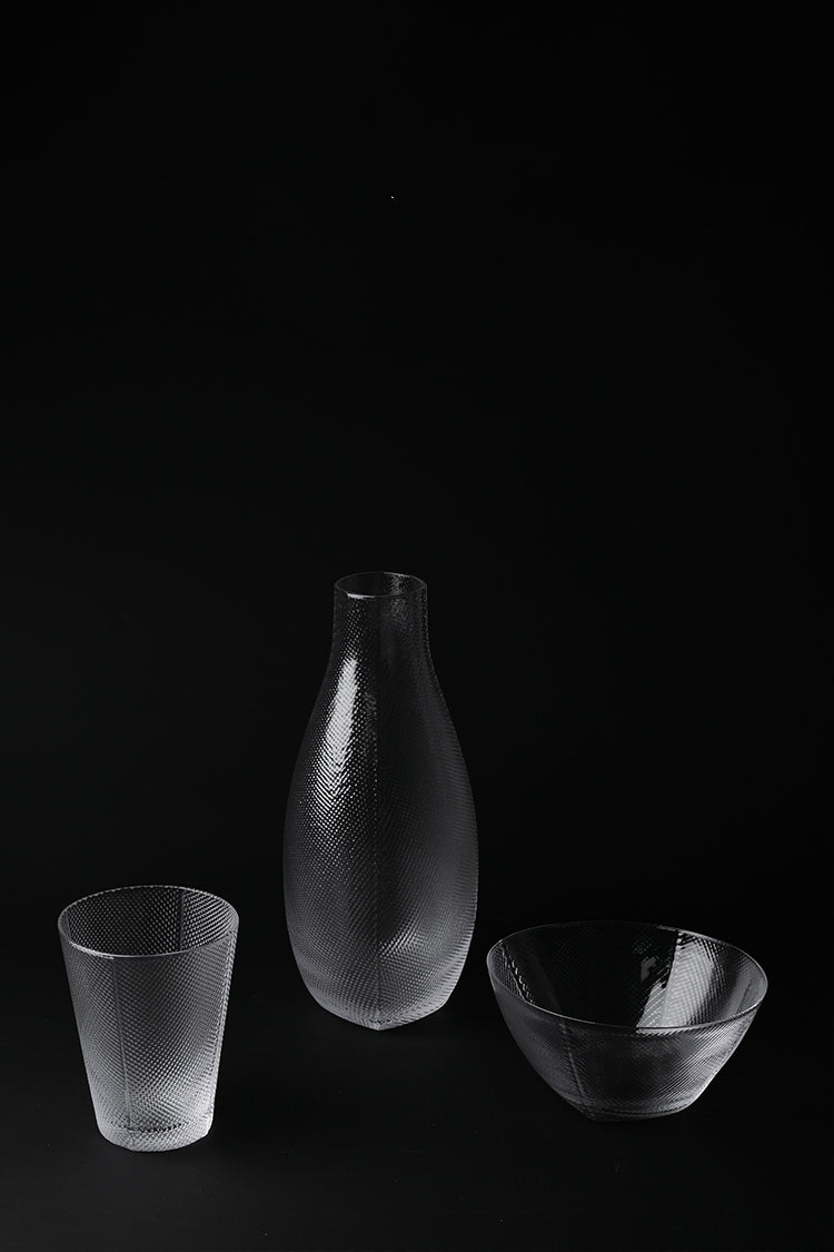 Minimalist Handmade Murano Clear Glass Carafe and Bowl Set with Nano Texture Italian Import