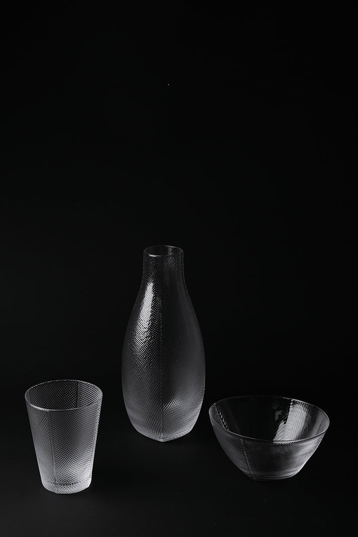 Minimalist Handmade Murano Clear Glass Carafe and Bowl Set with Nano Texture Italian Import