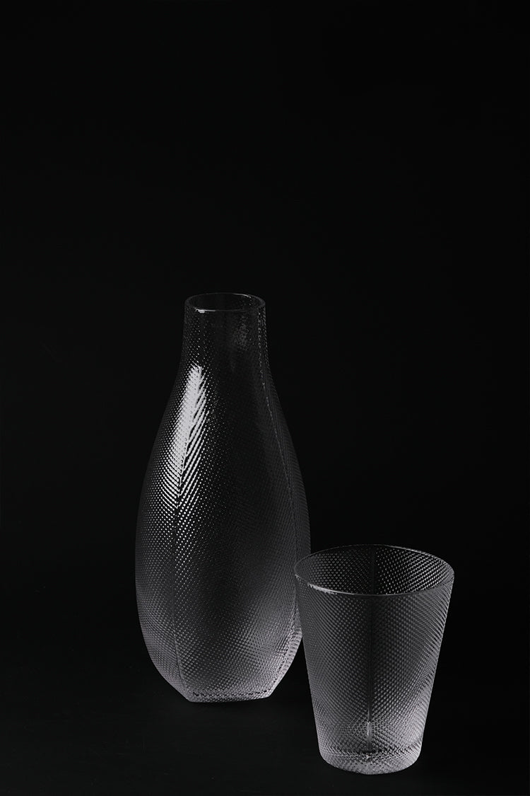 Minimalist Handmade Murano Clear Glass Carafe and Bowl Set with Nano Texture Italian Import